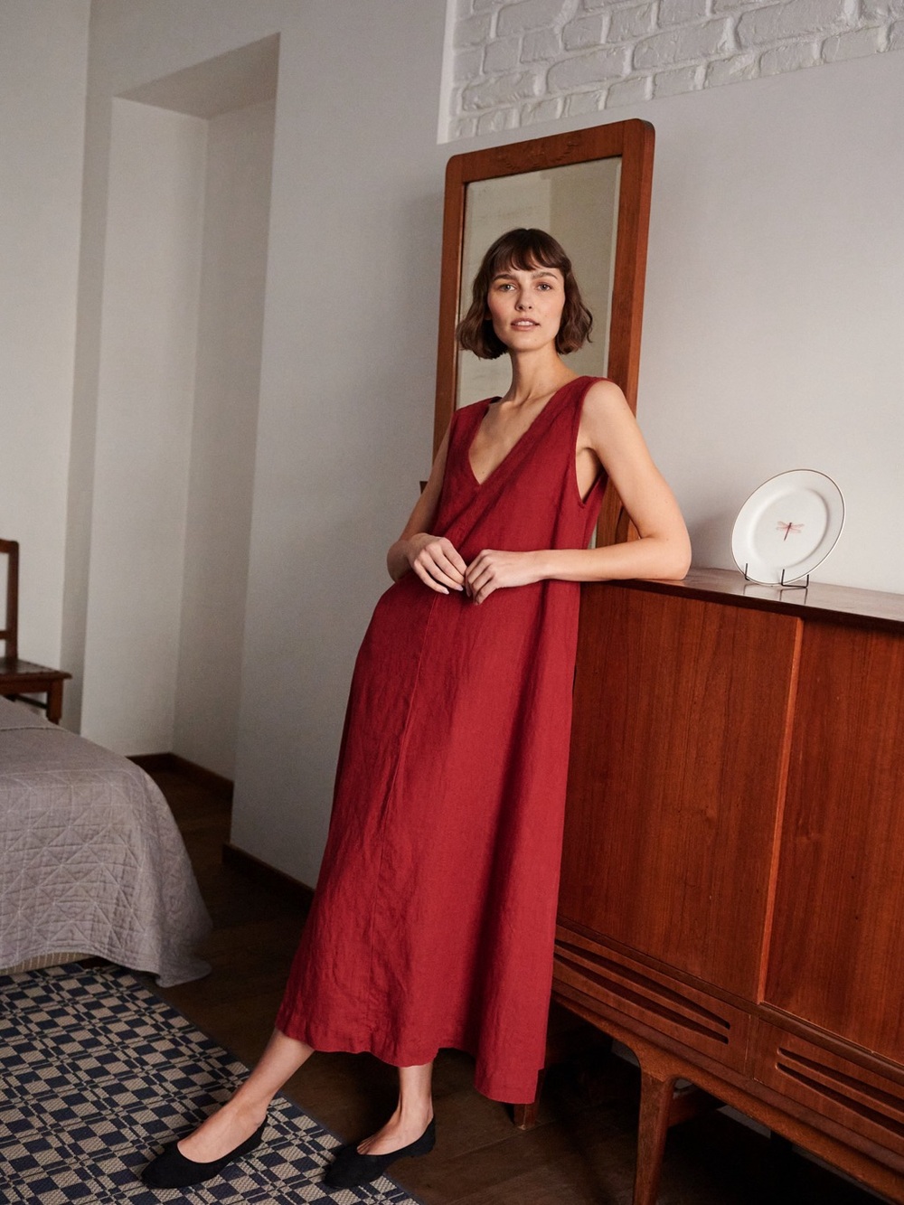 Linenfox Rue 100% Linen A-Line Maxi Dress Size S-M Berry Red Pockets Flowy